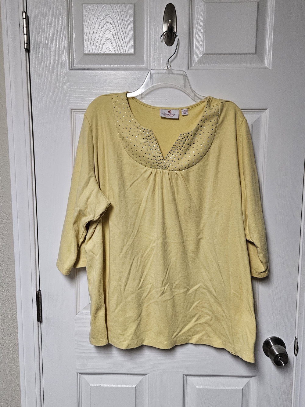 Quacker Factory Pale Yellow Embellished Long Sleeve Scoop Neck Top